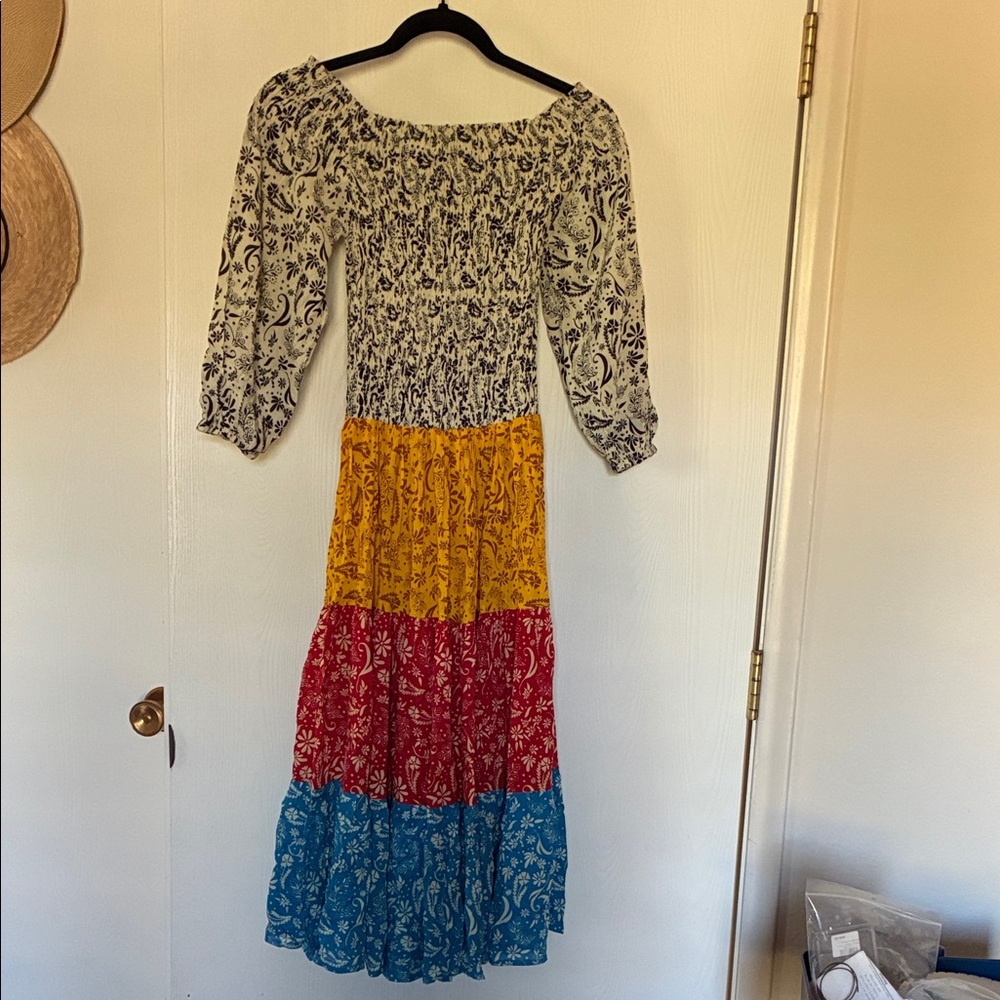 Multicolor Off-Shoulder smocked  Midi Dress, Cool Change, small, NWT